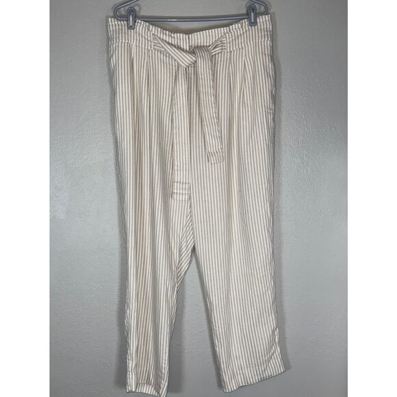 Ann Taylor Belted PaperBag Linen Pants Womens 14 Striped Brown Tan White Coastal - Picture 2 of 8
